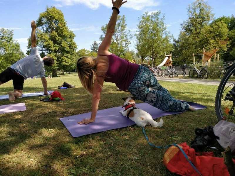 Yoga with dogs is fun at the lake
